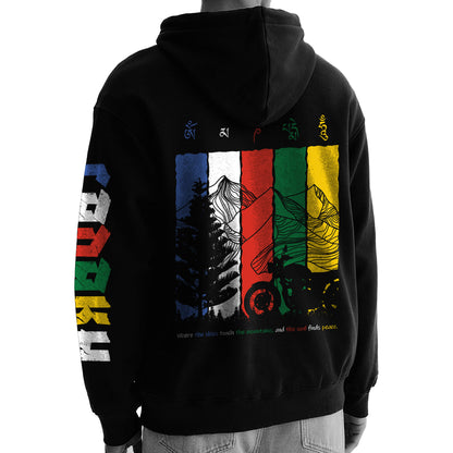 Aurum Era Black Graphic New Ladakh Printed Hooded Hoodies for Men - Thick Cotton Branded Stylish Winter Hoodies for Men | Hooded Black Sweatshirts for Mens & Woolen Jumper for Men